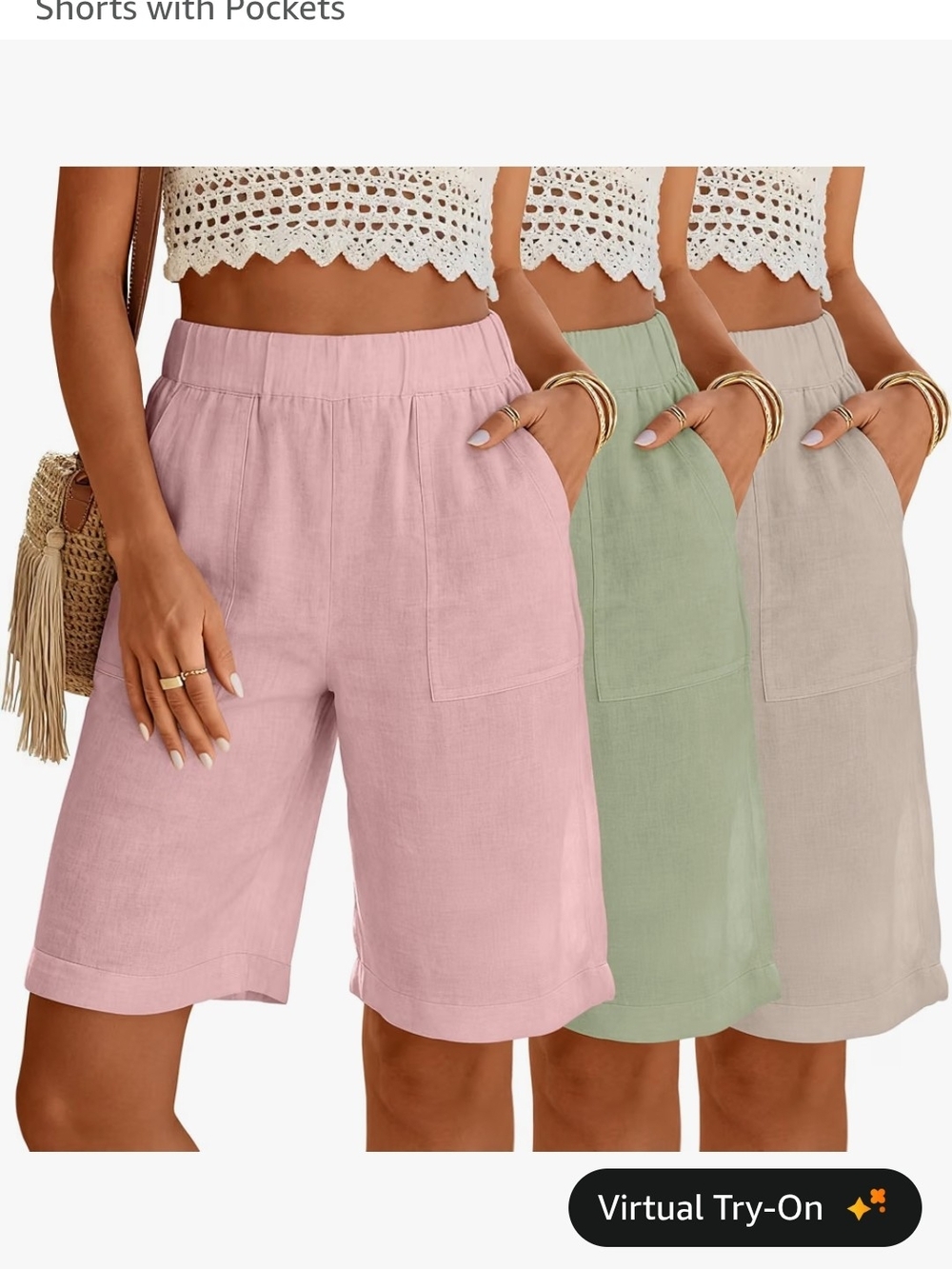 Joymotion Women’s High-Waist Casual Linen-Blend Shorts with Pockets -3 Piece Set